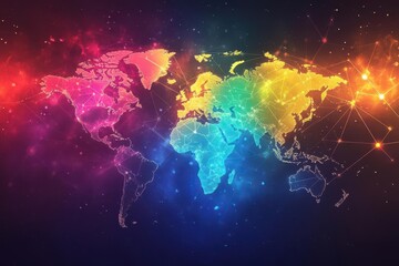 Fototapeta premium Abstract world map with interconnected economic zones, bright arrows representing trade paths, vibrant colors, high detail