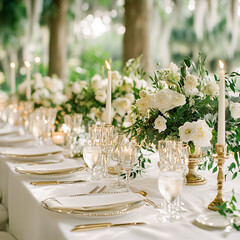Fototapeta premium A long table set for a party, with gold plates, candles in glass holders, flowers, and greenery.