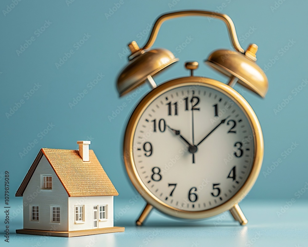Poster model house with ticking clock behind symbolizing timing importance in property investment concept