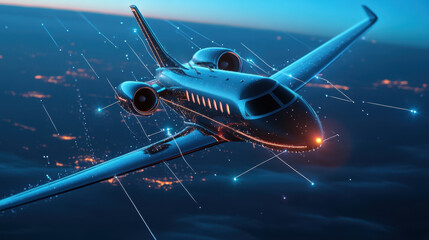 Fototapeta premium sleek airplane flying through night sky, illuminated by city lights below, creates stunning visual of modern aviation. dynamic design and glowing elements evoke sense of innovation and adventure