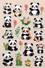 Fototapeta premium Cute Panda Stickers Collection: Adorable Black and White Bears with Flowers and Bamboo