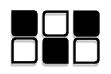 6 Blank round square photo frames design in a simple two rows layout. Used as a printable template for photo collage or a mock up for album pictures and photographs collection in a classic flat style.