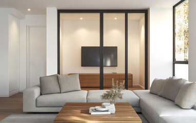 Modern living room design featuring a cozy seating area and sleek entertainment center