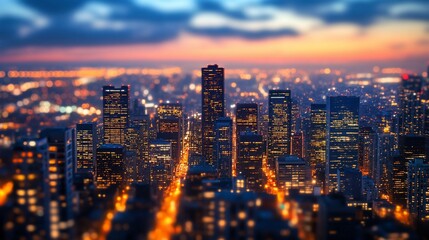 Fototapeta premium City skyline at dusk with a tilt-shift effect.