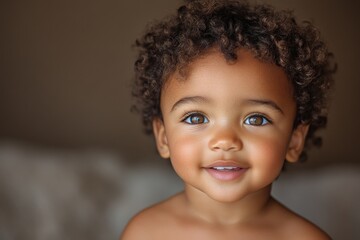 A smiling child with curly hair and bright eyes, exuding warmth and joy.