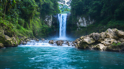 Naklejka premium A panoramic view of a waterfall surrounded by a lush landscape, showcasing the ideal hiking destination for families looking to explore nature 