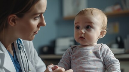 Doctor softly speaking to calm the baby before the injection.