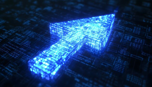 Blue glowing light pointing arrow with a digital code background. Digital stock market, global network concept,