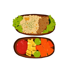 Bento meals, indonesian fried rice with some scramble eggs on top, fried chicken curry and some lettuces. pair with pinaples, papayas and grapes, with 