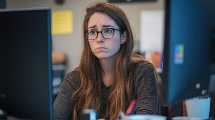 focused woman with long hair and glasses sits at desk, looking concerned while working on computer. Her expression reflects concentration and determination