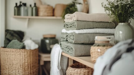 Eco-friendly laundry service in Sweden, using sustainable products for clean laundry, structured and green setup.