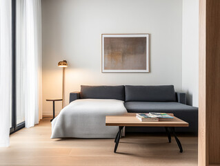 Fototapeta premium Cozy contemporary living room with a sleek sofa soft throw and stylish decor