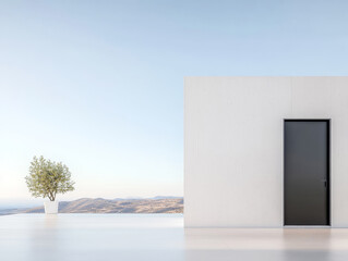 A minimalist black door beside a potted tree overlooking a vast landscape at dusk