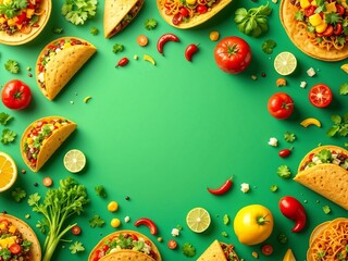 A vibrant 3D pattern background showcasing delicious tacos and Mexican ingredients, perfect for festive culinary designs and restaurant branding.