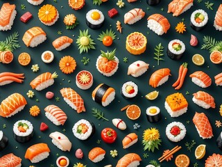 An inviting 3D pattern background featuring vibrant sushi elements, ideal for Japanese cuisine promotions and culinary designs.