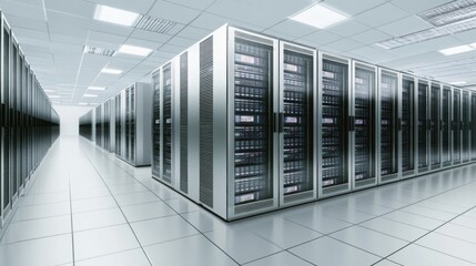 Naklejka premium Server rack in a futuristic data center hallway