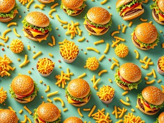 A vibrant 3D pattern background featuring delicious burgers and fries, perfect for promoting fast food restaurants and casual dining experiences.