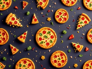 An appetizing 3D pattern background showcasing cheesy pizzas and fresh ingredients, perfect for pizzeria branding and food marketing.