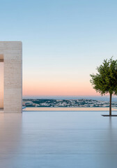 Stunning modern architecture with a serene view at sunset in a coastal area