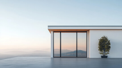 Modern architectural design of a minimalist house overlooking a tranquil landscape at sunset