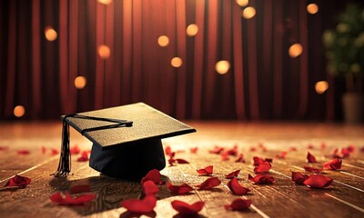 A graduation cap surrounded by rose petals on a wooden floor, symbolizing celebration.