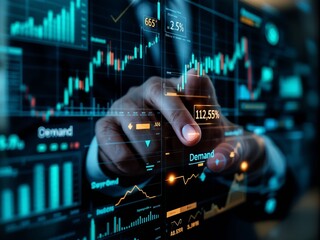 A close-up of a digital screen where a businessman is selecting various economic topics, including stock market charts, costs, and demand indicators.
