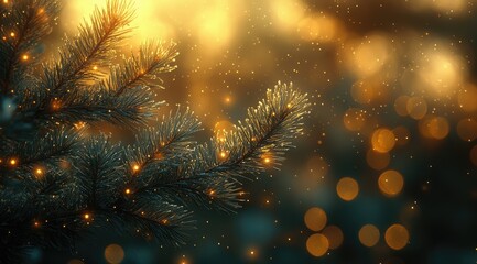 Fototapeta premium Close-up of a pine branch with warm bokeh lights in the background.