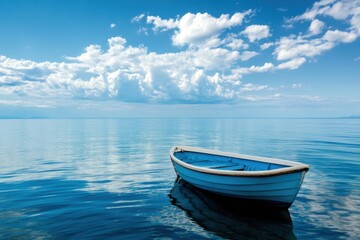 Naklejka premium A small blue boat floats on a calm, clear lake with a blue sky and white clouds.