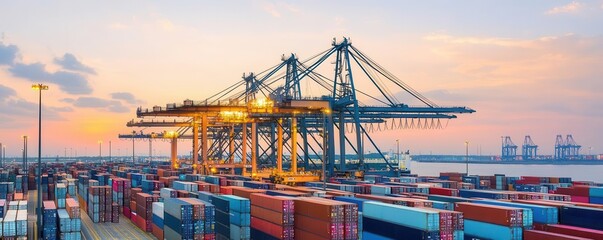 Fototapeta premium Cargo containers and cranes at international port, sunset lighting, high resolution, representing global logistics