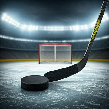 a close-up shot of a hockey stick and puck, ice hockey, equipment, stick, puck, close-up,hockey, ice hockey, hockey stick, puck, gloves, equipment, gear, sport, game, athlete, player, team, league, ch