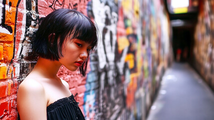 Naklejka premium Young woman posing in urban graffiti alley with colorful wall