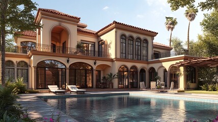 modern house building exterior with Mediterranean style on a summer day