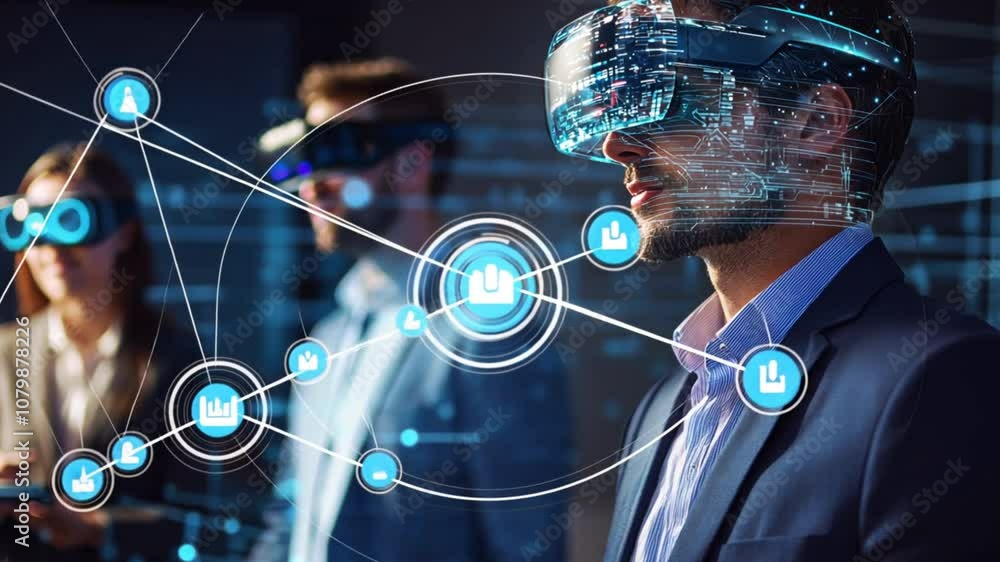 Poster b2b communication devices: business people using holographic interfaces and digital tools for sales 