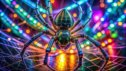 A shimmering spider, its iridescent exoskeleton catching the light of a festive array of bokeh circles, appears to be navigating its intricate web