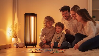 A mother and father sit on the floor with their young children playing together next to a portable heater in a softly lit, cozy living room. The comfortable warmth, relaxed family togetherness