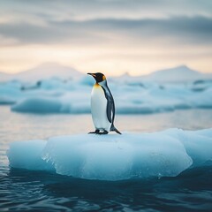 Obraz premium Lone Penguin On Shrinking Ice Floe Symbolizing Global Warming Threat To Wildlife