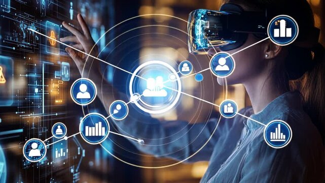 Business devices and tech: B2B professionals using holographic tools and digital interfaces for marketing and communication