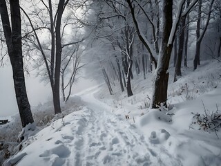 Obraz premium Snowy Path Through Foggy Winter Forest