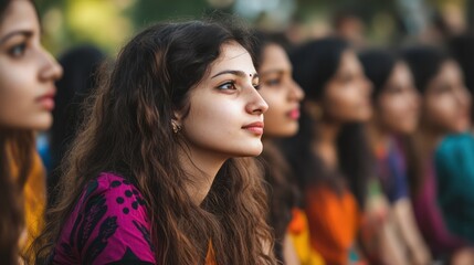 Obraz premium Gen Z promoting gender equality in India, youth gathering for advocacy and support, organized setting.