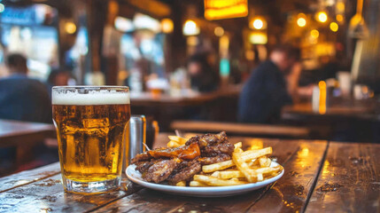 refreshing glass of beer sits next to plate of crispy fries and grilled meat in lively pub atmosphere, perfect for enjoying daily specials with friends
