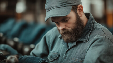 Fototapeta premium Industrial worker in denim clothing focusing on machinery maintenance