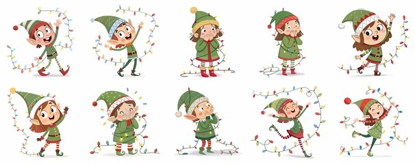 Obraz premium Set of ten festive Christmas elf illustrations featuring cheerful characters tangled in colorful holiday string lights, for seasonal web design, holiday cards, or gift wrapping patterns