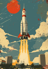 Vintage rocket launch illustration with red star emblem and orange planet, retro sci-fi art featuring urban landscape and bold colors

