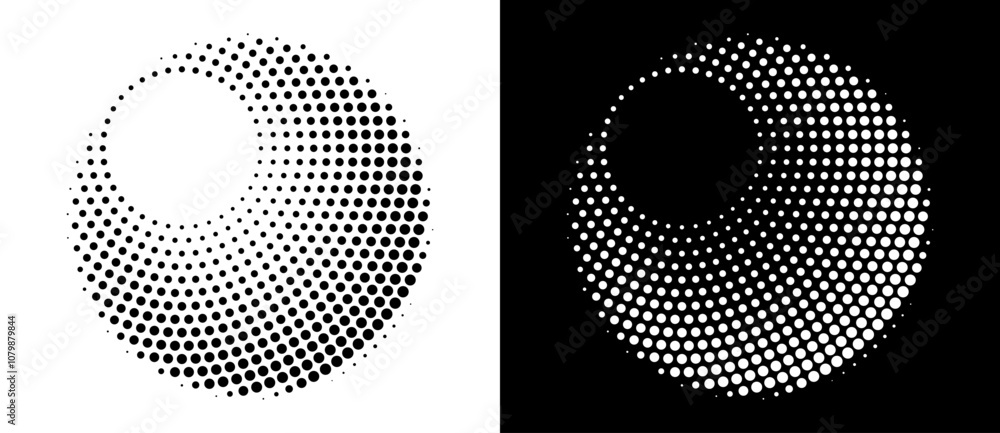 Poster Modern abstract background. Halftone dots in circle form. Round logo. Vector dotted frame. Design element or icon. Black shape on a white background and the same white shape on the black side.