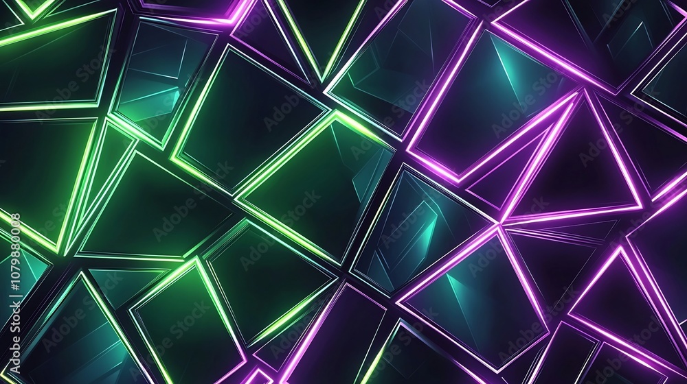 Poster vibrant neon geometric shapes patterned background with glowing triangles and hexagons