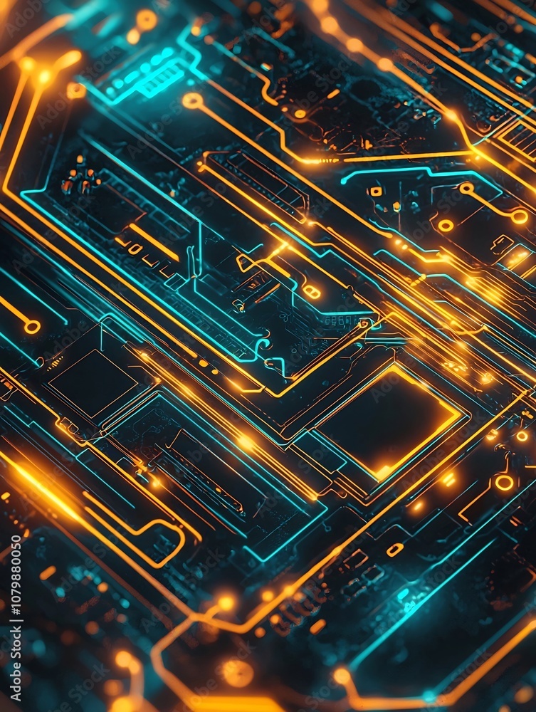 Poster neon illuminated circuit board design with glowing microchip elements and intricate tech inspired li