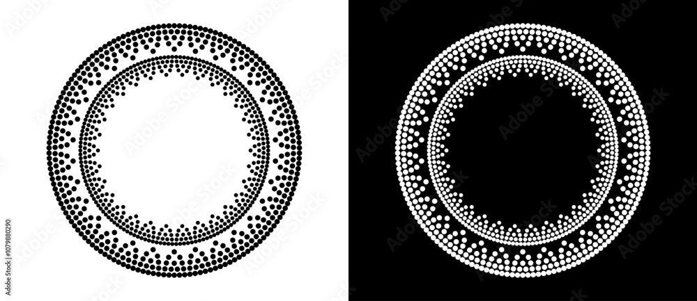 Poster Modern abstract background. Halftone dots in circle form. Round logo. Vector dotted frame. Design element or icon. Black shape on a white background and the same white shape on the black side.