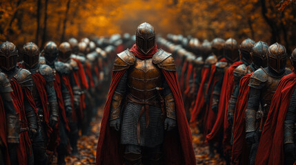Fototapeta premium formidable elven army stands in bronze armor, adorned with crimson capes, amidst forest of autumn leaves. Their presence evokes sense of strength and unity