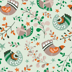 Whimsical Scandinavian Birds Seamless Pattern