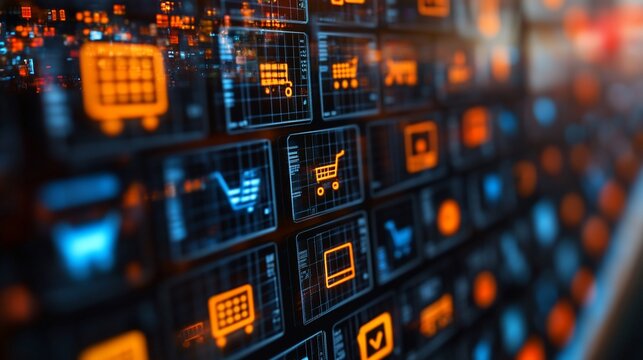Abstract digital interface with shopping cart icons.